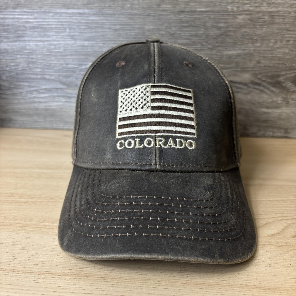 Colorado Hat Strap Back Brown Distressed Embroidered USA Flag Faux Leather